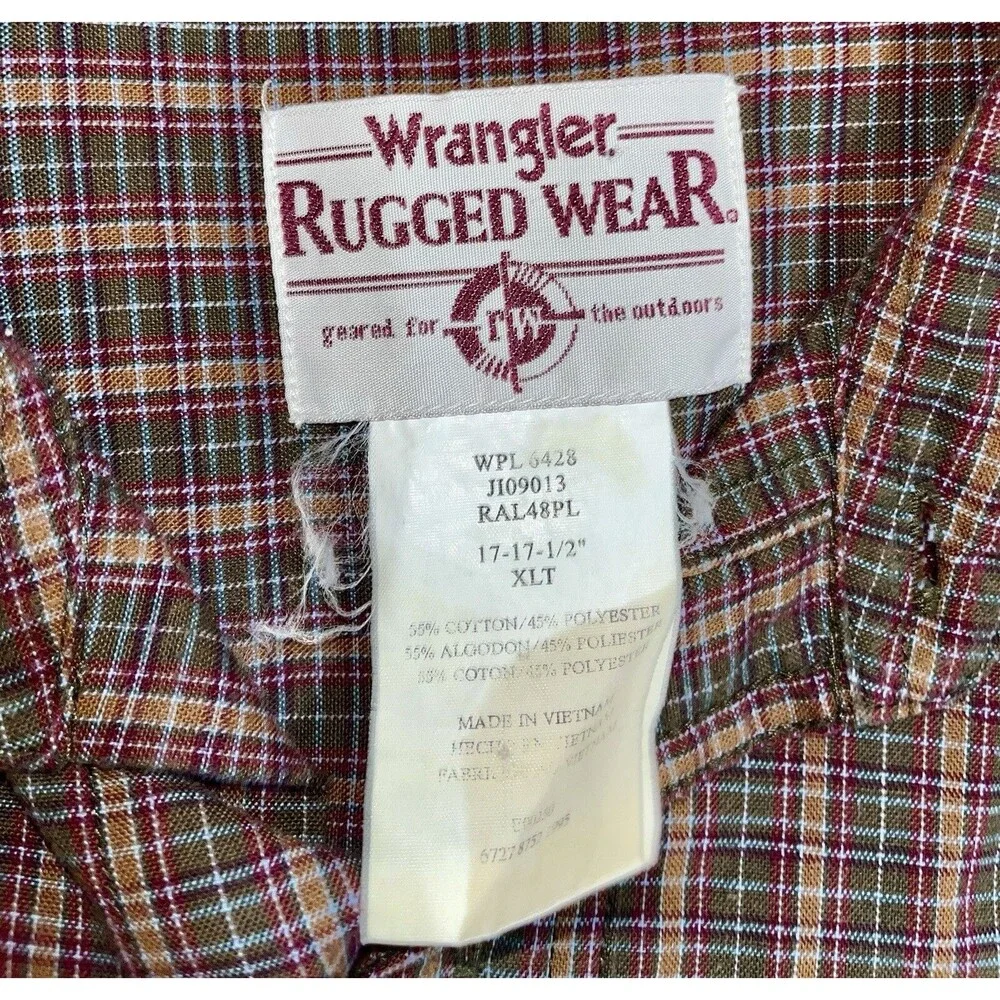 Vintage Wrangler Rugged Wear Mens X Large Tall Plaid Button Up Shirt Long Sleeve